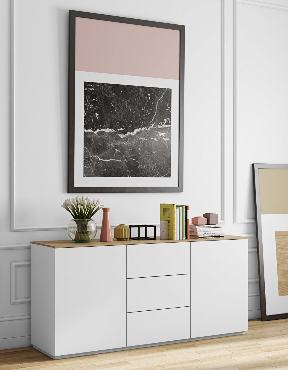Buffet WHITY 2 blanc mat 180cm 2 portes/3 tiroirs Plateau en bois de chêne clair